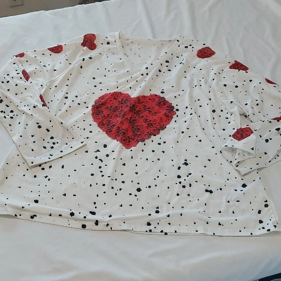 White Long Sleeve Shirt with Red Heart Design - Picture 1 of 6